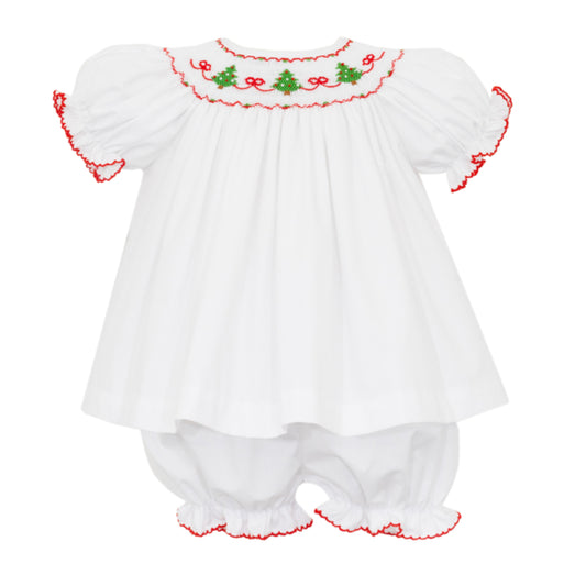 Girl's Christmas Trees Smocked Bishop White w/ Red Bloomer Set