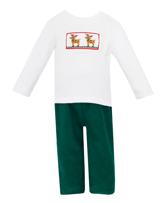 Boy Smocked Reindeer T-Shirt & Green Cord Pant Set