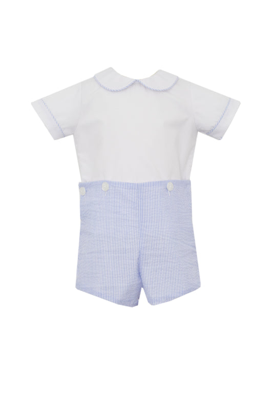 Blue Seersucker Stripe Button On Shorts Set