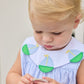 Little English traditional children's clothing.  Light blue seersucker gingham bubble with white bib collar and applique sailboats for baby girls.