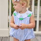 Little English traditional children's clothing.  Light blue seersucker gingham bubble with white bib collar and applique sailboats for baby girls.