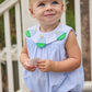 Little English traditional children's clothing.  Light blue seersucker gingham bubble with white bib collar and applique sailboats for baby girls.