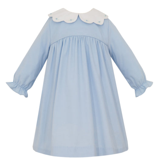 Girl's Blue Corduroy Embroidered Scallop Collar Long Sleeve Dress