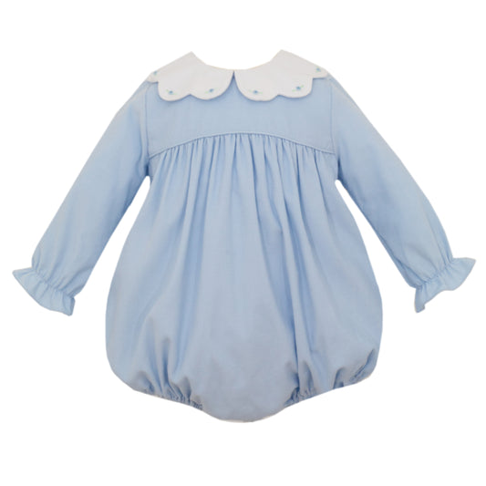 Girl's Blue Corduroy Embroidered Scallop Collar Long Sleeve Bubble
