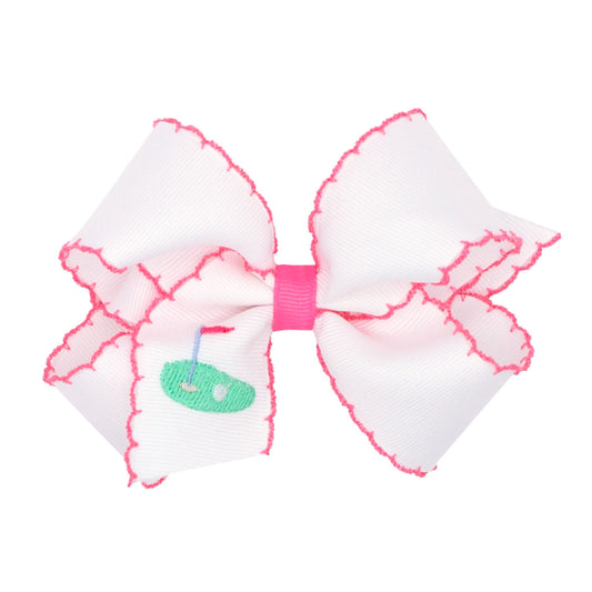 Medium Embroidered Golf Green Hair Bow, White with Bright Pink