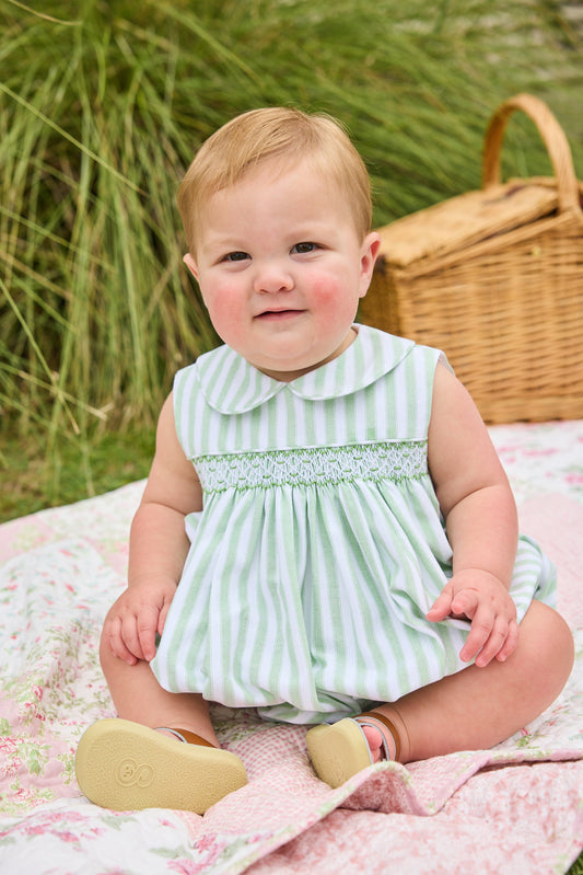 Little English traditional children's clothing.  Classic sleeveless smocked peter pan bubble with soft green and white stripes for baby boys