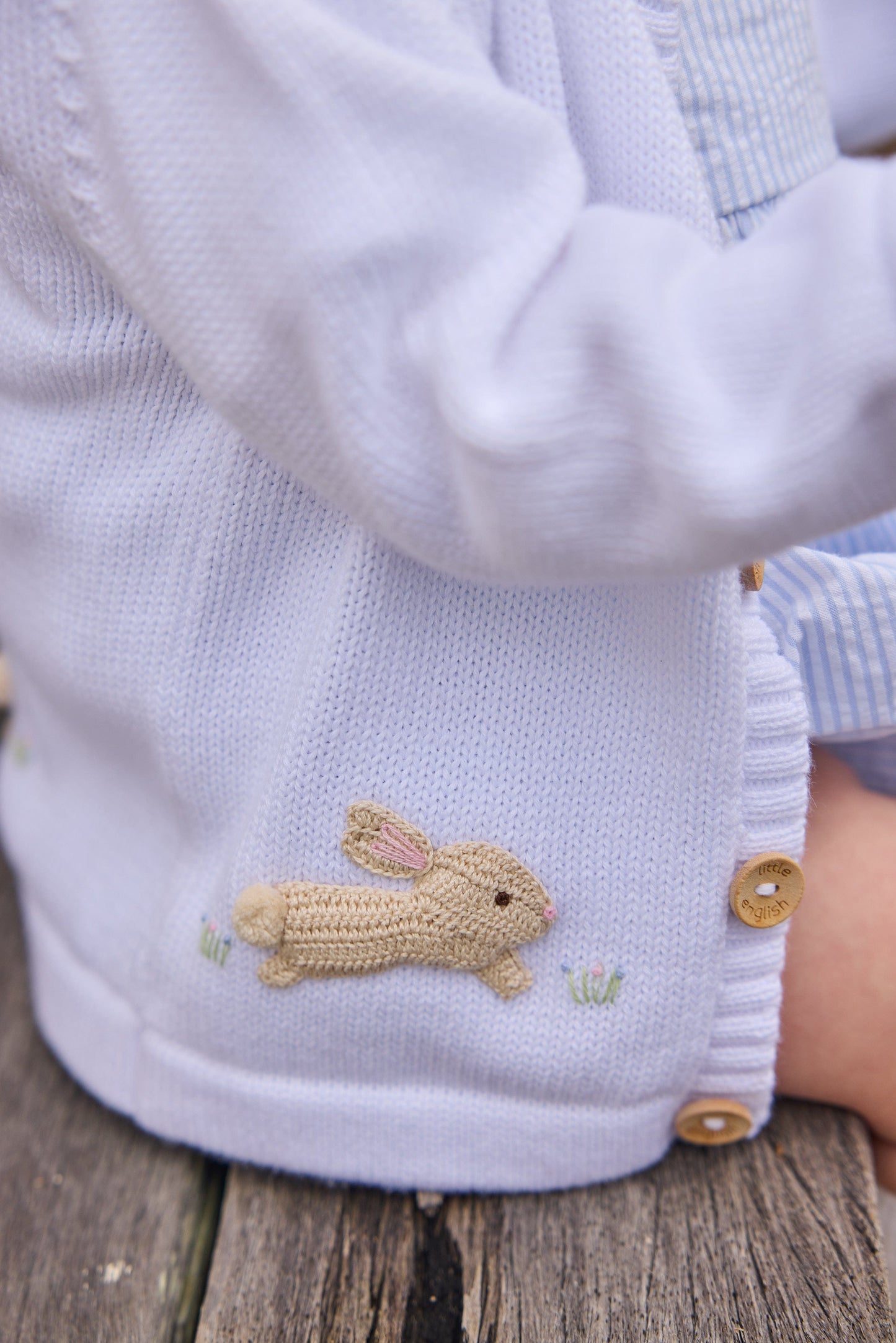 Little English classic crochet cardigan featuring wooden buttons down front and crochet bunny motifs, saratoga bubble set with bunny motifs on collar, for little boy