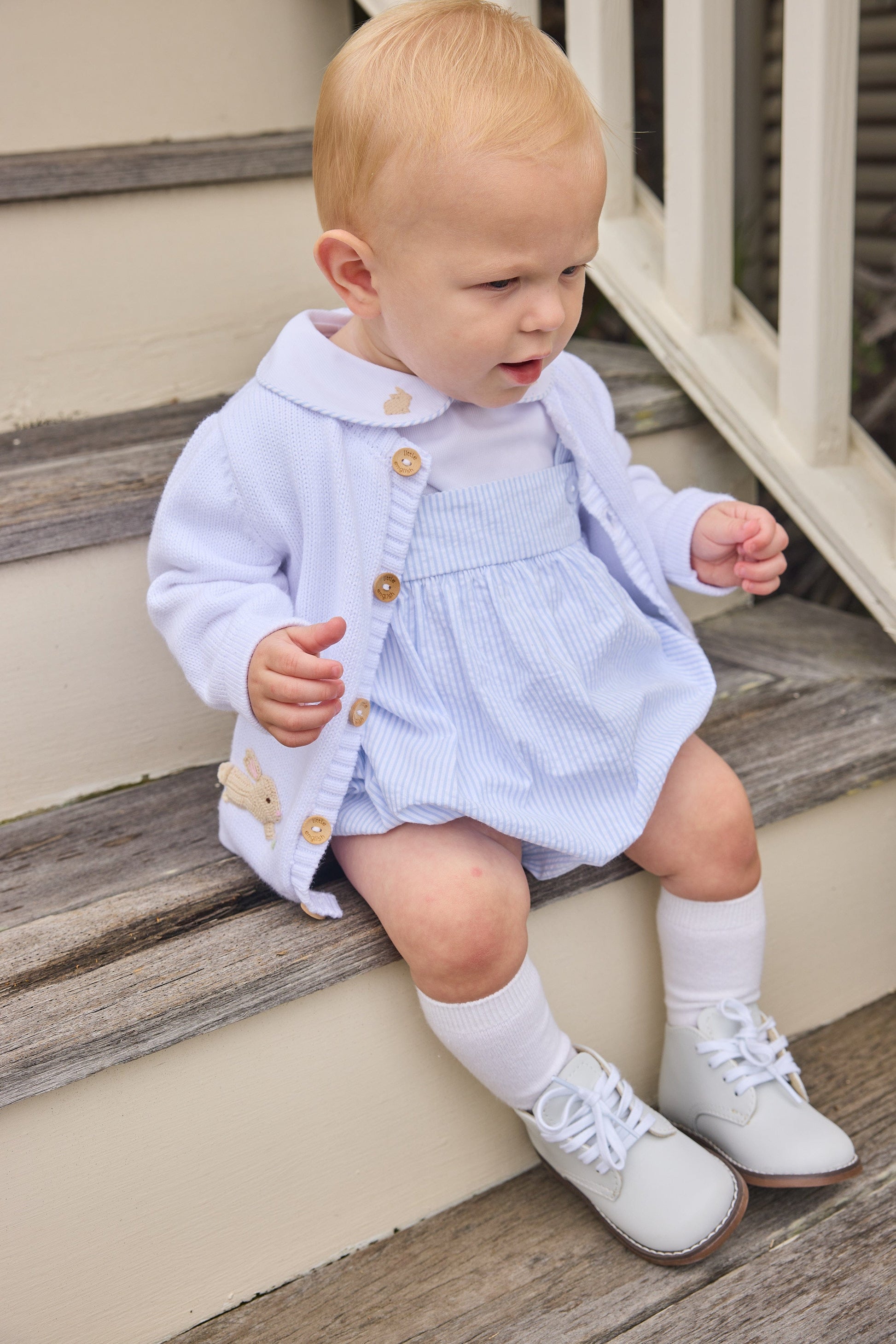 Little English classic crochet cardigan featuring wooden buttons down front and crochet bunny motifs, saratoga bubble set with bunny motifs on collar, for little boy