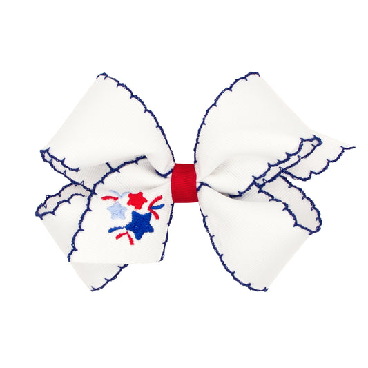 Medium Fireworks Embroidered Hair Bow, White with Blue