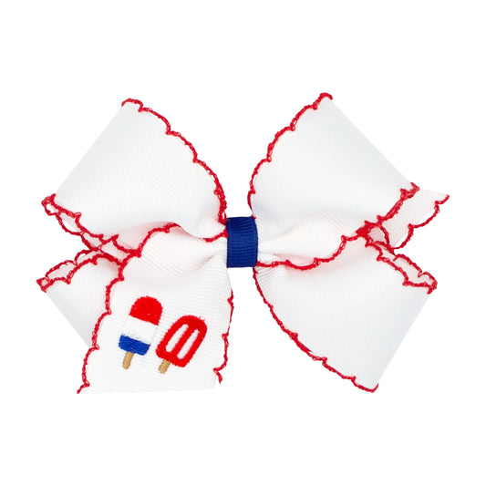 Medium Patriotic Popsicle Embroidered Hair Bow, White with Red