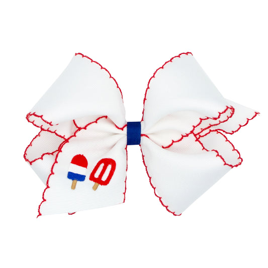 King Patriotic Popsicle Embroidered Hair Bow, White with Red