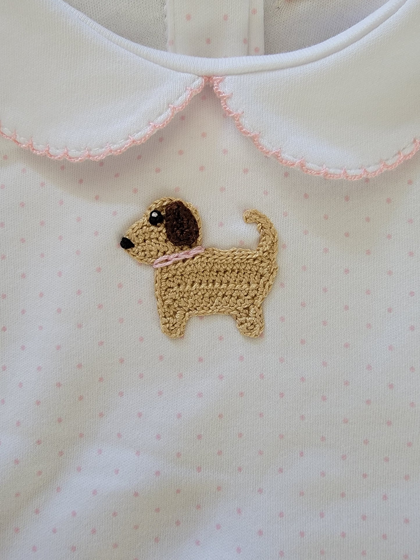 Girl's Collared Pink Dot Gown with Crochet Puppy