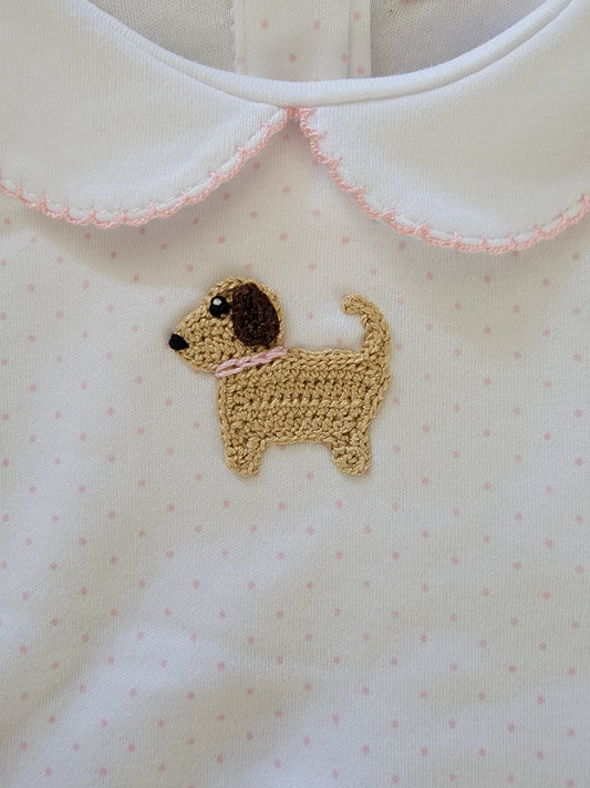 Girl's Collared Pink Dot Gown with Crochet Puppy