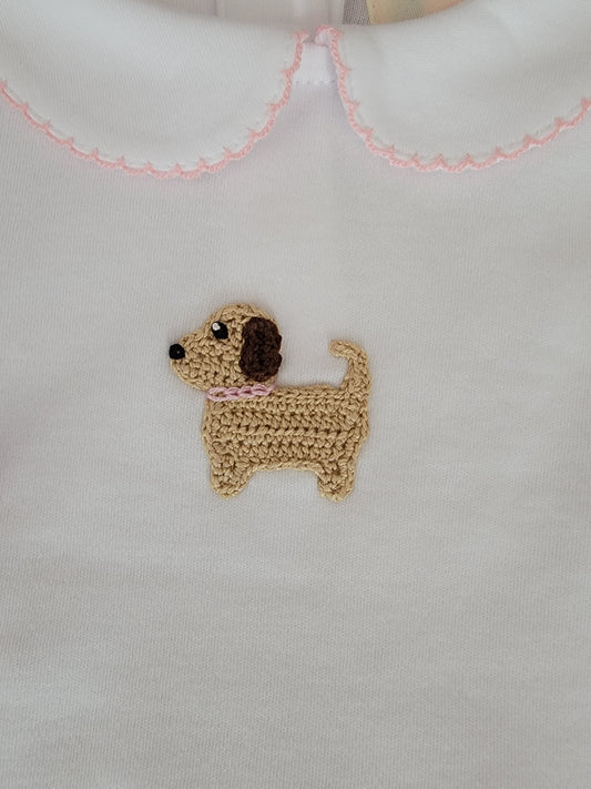 Girl's Long Sleeve Collared Shirt with Crochet Puppy