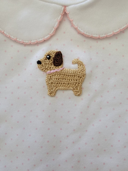 Girl's Collared Pink Dot Footie with Crochet Puppy