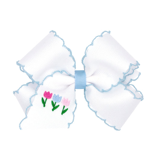 Medium Embroidered 3 Tulips Hair Bow, White with Blue