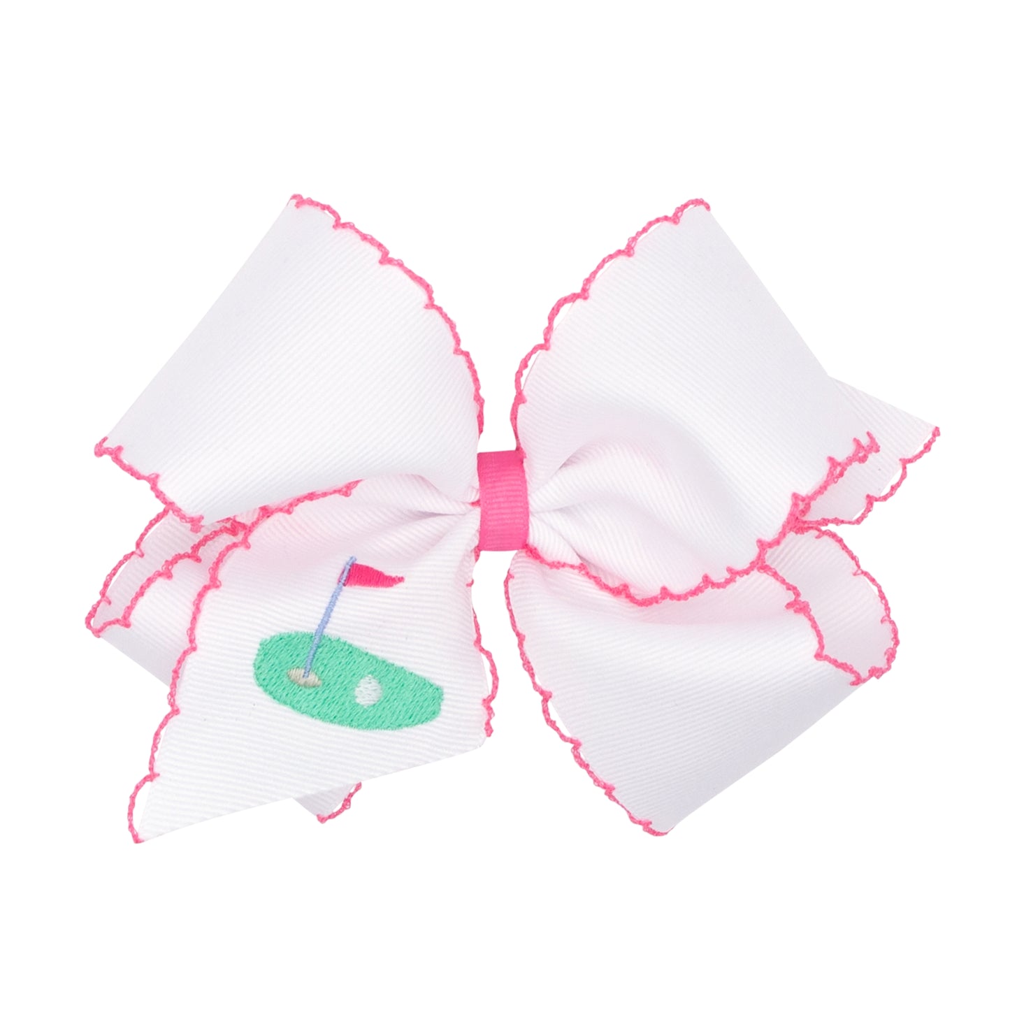 King Embroidered Golf Green Hair Bow, White with Bright Pink