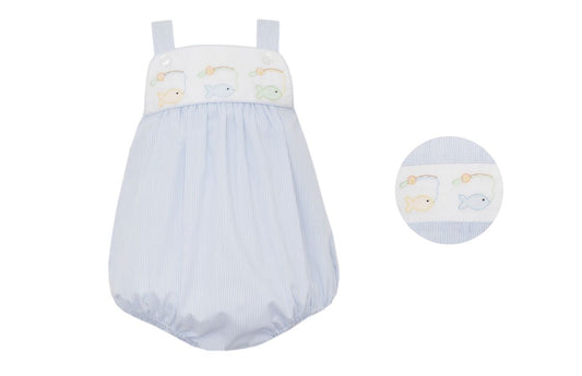 Boy's Fish Embroidered Light Blue Stripe Strappy Sun Bubble