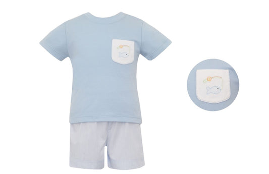 Boy's Fish Embroidered Light Blue Stripe Short Set