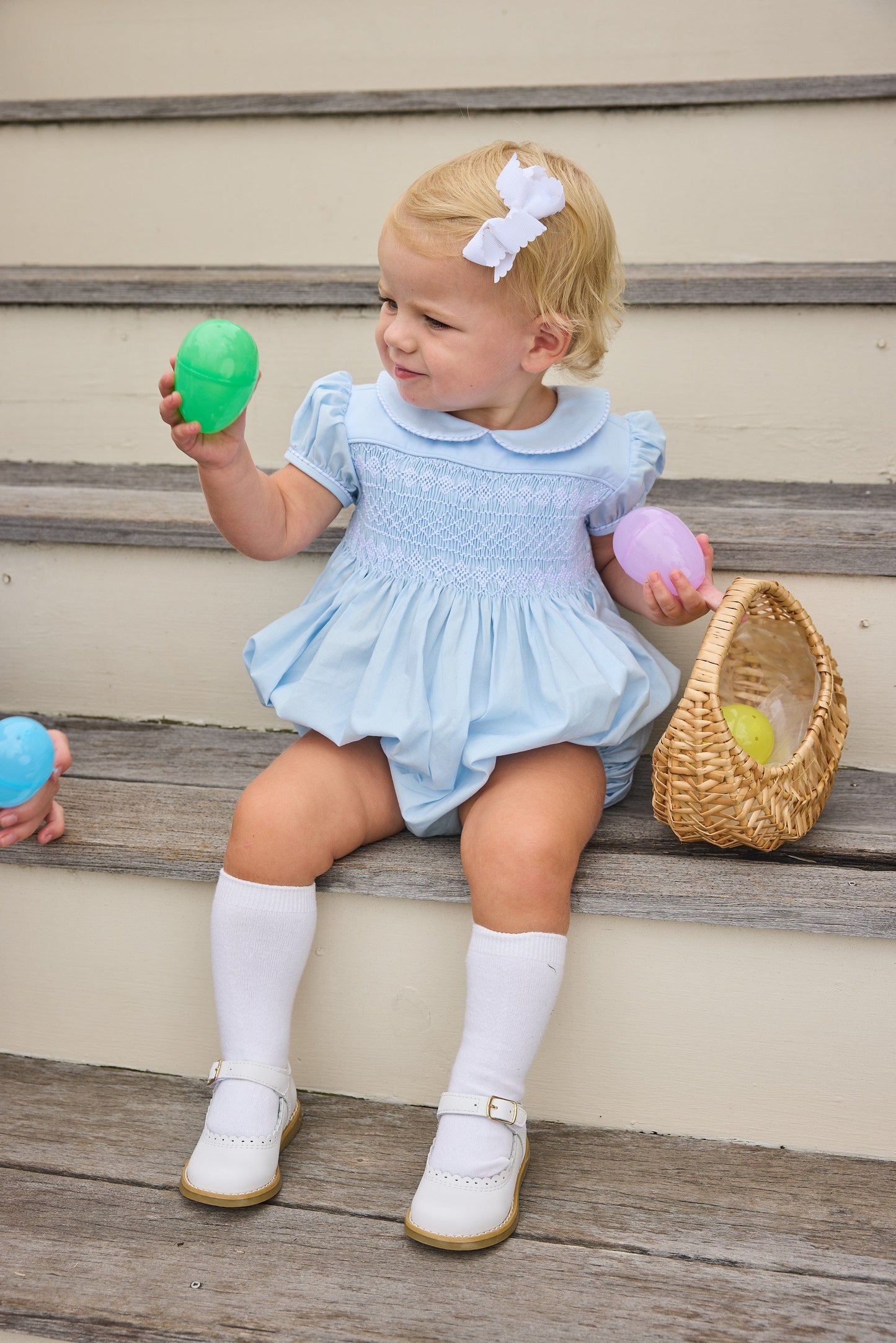 Little English classic smocked emery bubble in light blue with white detailing, smocking around chest, tieable in back, for little girl 