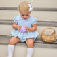 Little English classic smocked emery bubble in light blue with white detailing, smocking around chest, tieable in back, for little girl 
