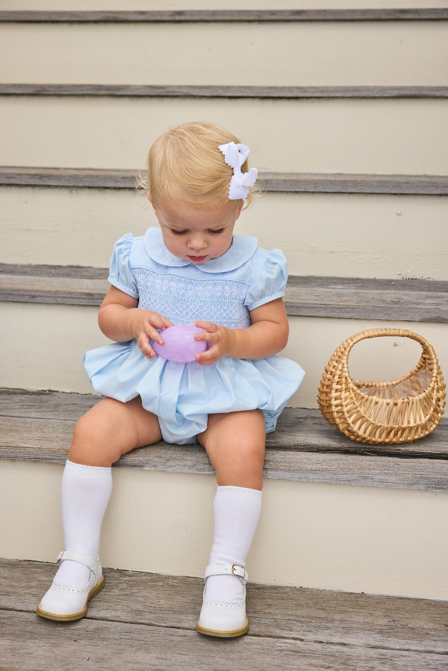 Little English classic smocked emery bubble in light blue with white detailing, smocking around chest, tieable in back, for little girl 