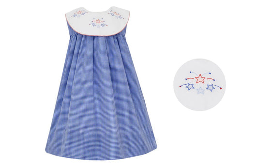 Girl's Stars Royal Blue Microcheck Round Bib Collar Float Dress