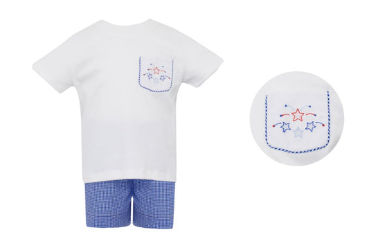 Boy's Stars Pocket T-Shirt Royal Blue Microcheck Shorts Set