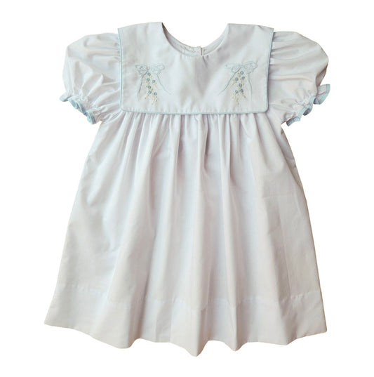 Short Sleeve Square Bib White Dress with Blue Bow Embroidery