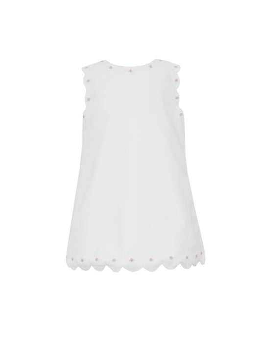 Girl's White Pique Scalloped Sleeveless A-line Dress w/ Flowers