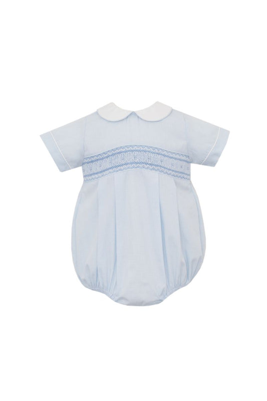 Boy's Light Blue Mini Gingham Smocked Bubble