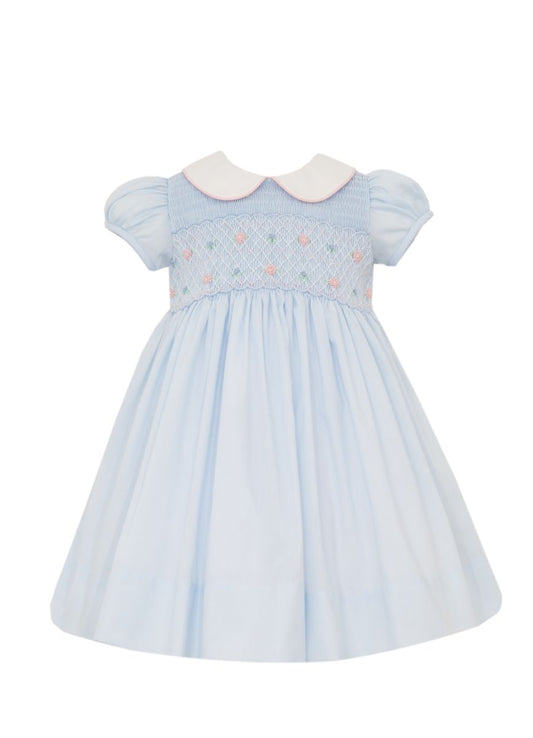 Smocked Light Blue Swiss Batiste Collared Dress