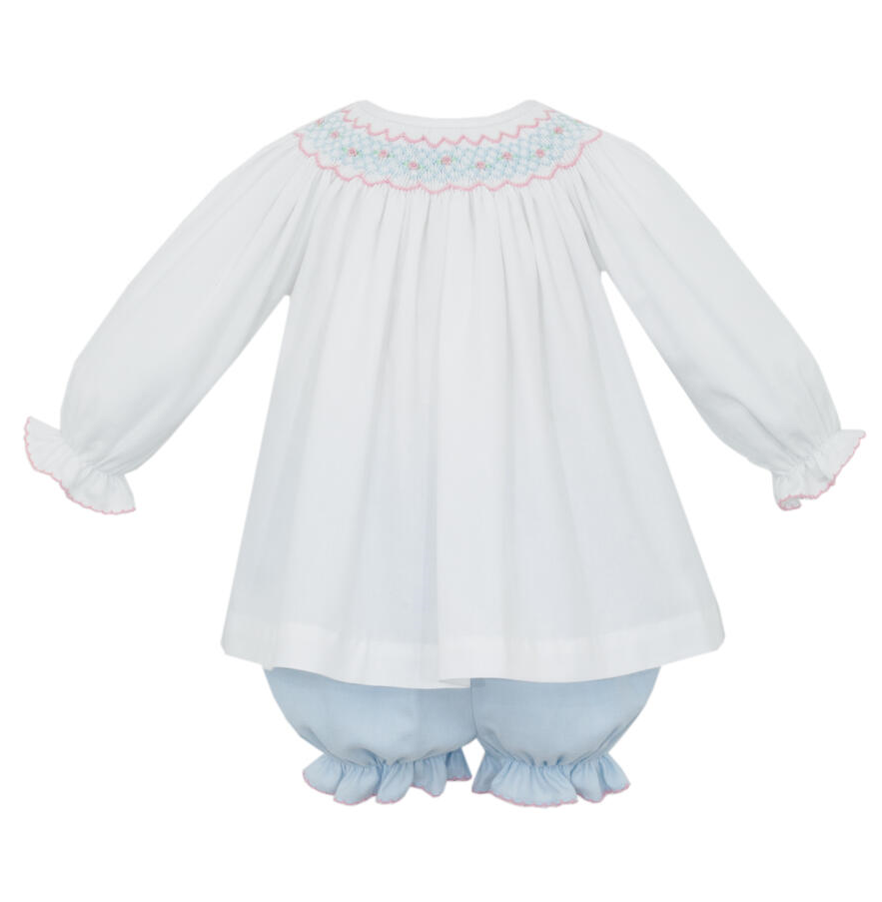 Blue Viyella Long Sleeve Bishop Smocked Bloomer Set