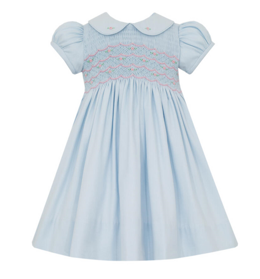 Blue Viyella Short Sleeve Smocked Collared Dress