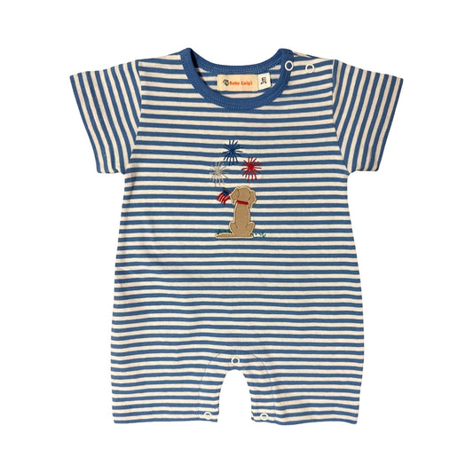 Boy's Short Sleeve Dog Watching Fireworks Blue Stripe Romper