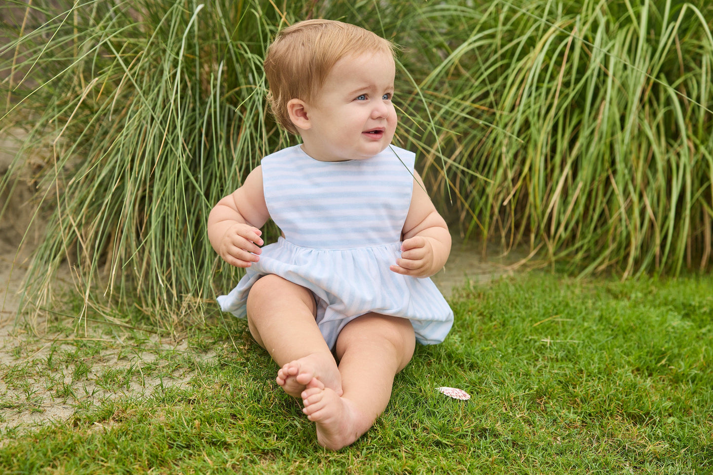 Little English traditional children's clothing. Light blue and white striped sleeveless bubble for baby boy for Summer