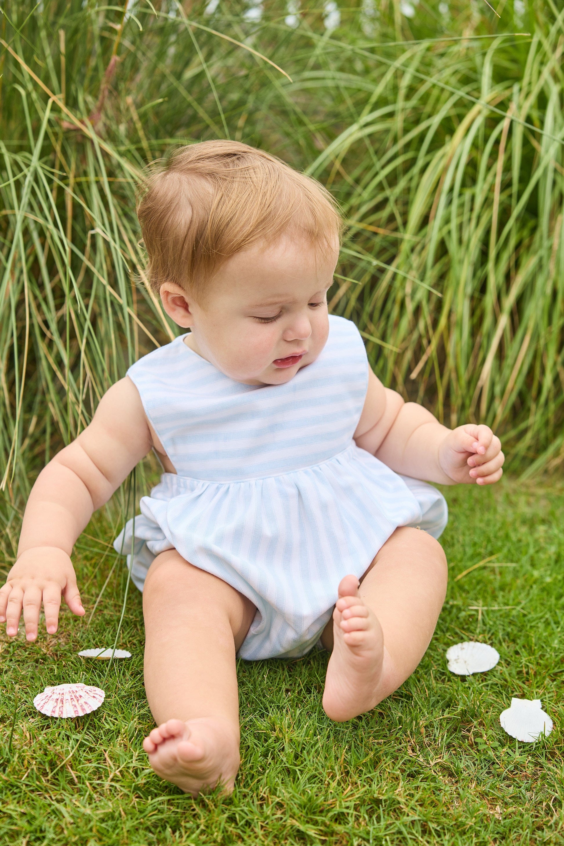 Little English traditional children's clothing. Light blue and white striped sleeveless bubble for baby boy for Summer