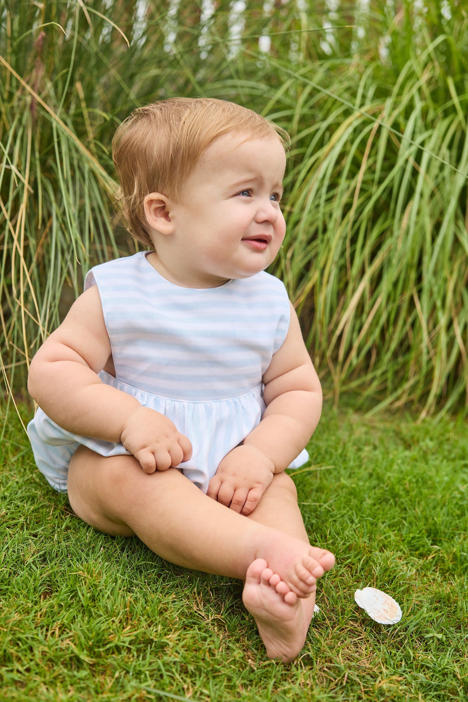 Little English traditional children's clothing. Light blue and white striped sleeveless bubble for baby boy for Summer