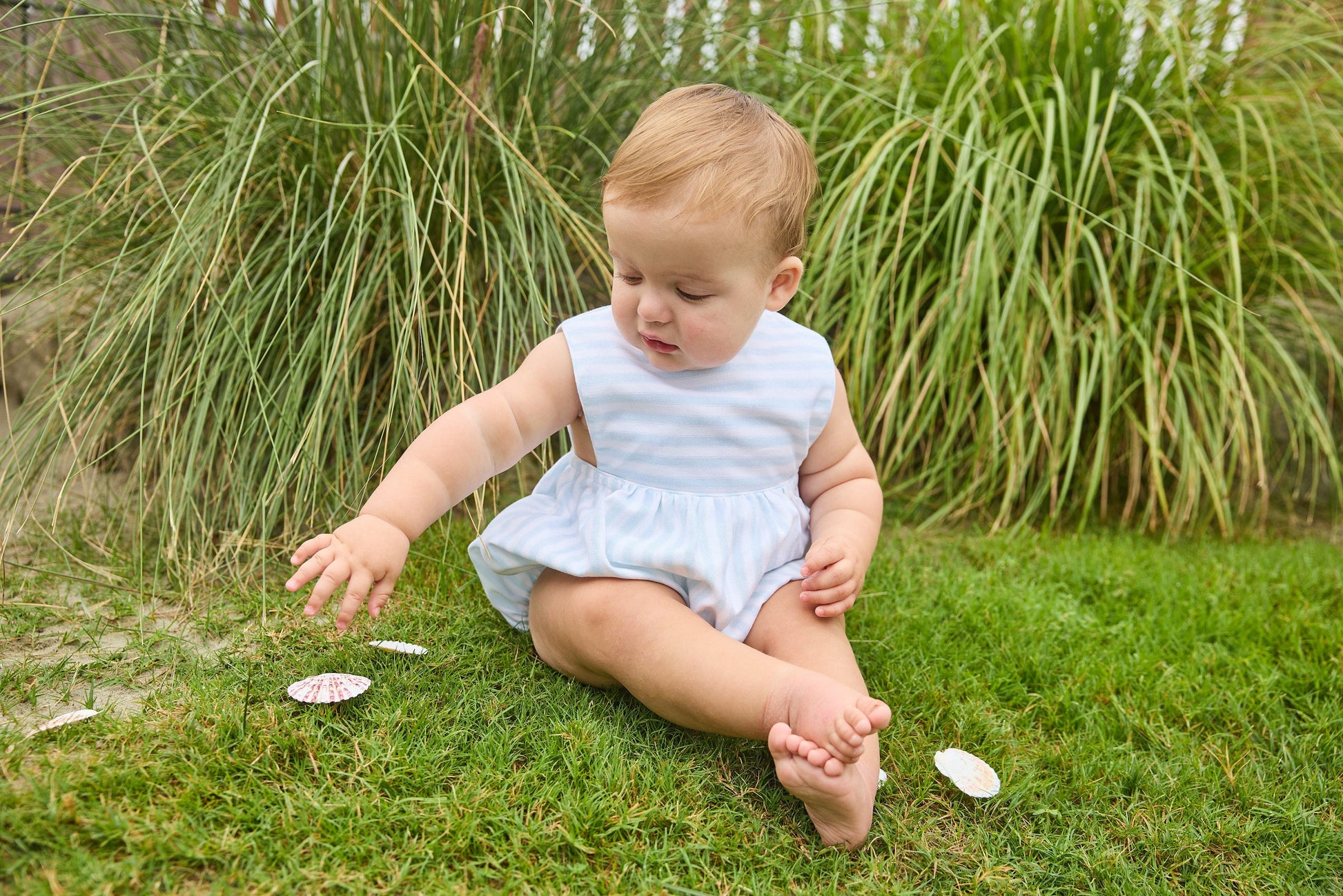 Little English traditional children's clothing. Light blue and white striped sleeveless bubble for baby boy for Summer