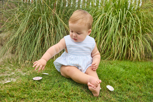 Little English traditional children's clothing. Light blue and white striped sleeveless bubble for baby boy for Summer