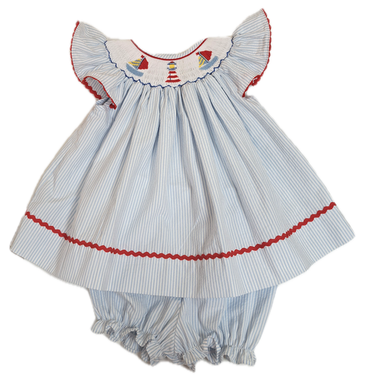 Girl's Sailboat Smocked Bishop Blue Seersucker Dress