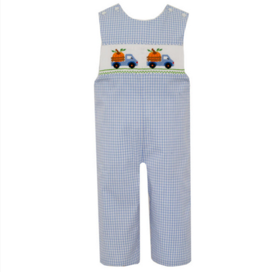 Boy's Pumpkin Truck Light Blue Gingham Long John John