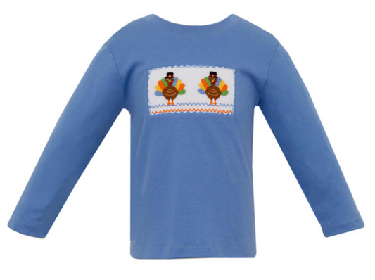 Boy's Turkey Smocked Periwinkle Blue Long Sleeve T-Shirt