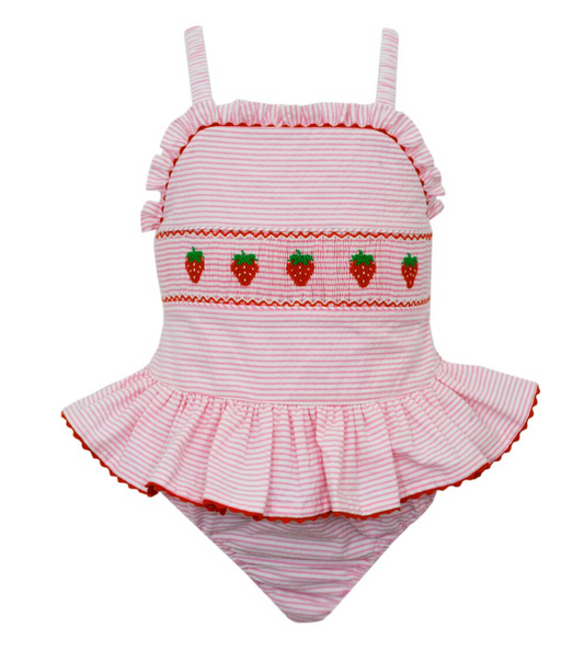 Girl's Smocked Strawberries Pink Stripe Seersucker Swimsuit