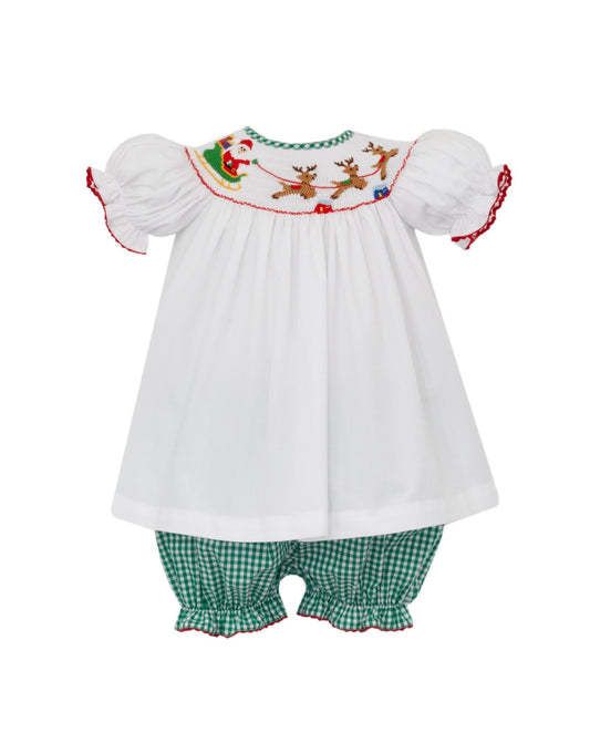 Santa Sleigh Green Gingham Bishop Bloomer Set