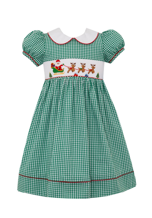 Santa Sleigh Green Gingham Dress
