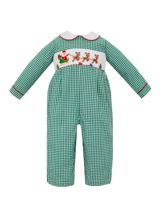 Santa Sleigh Boy Green Gingham Long Romper