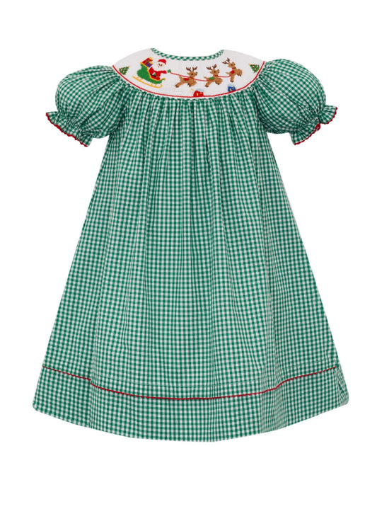 Santa Sleigh Green Gingham Bishop Dress