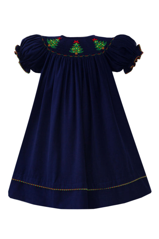 Christmas Tree Navy Blue Corduroy Bishop Dress