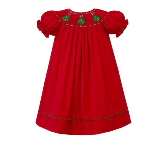 Red Corduroy Short Sleeve Christmas Tree Bishop Smocked Dress